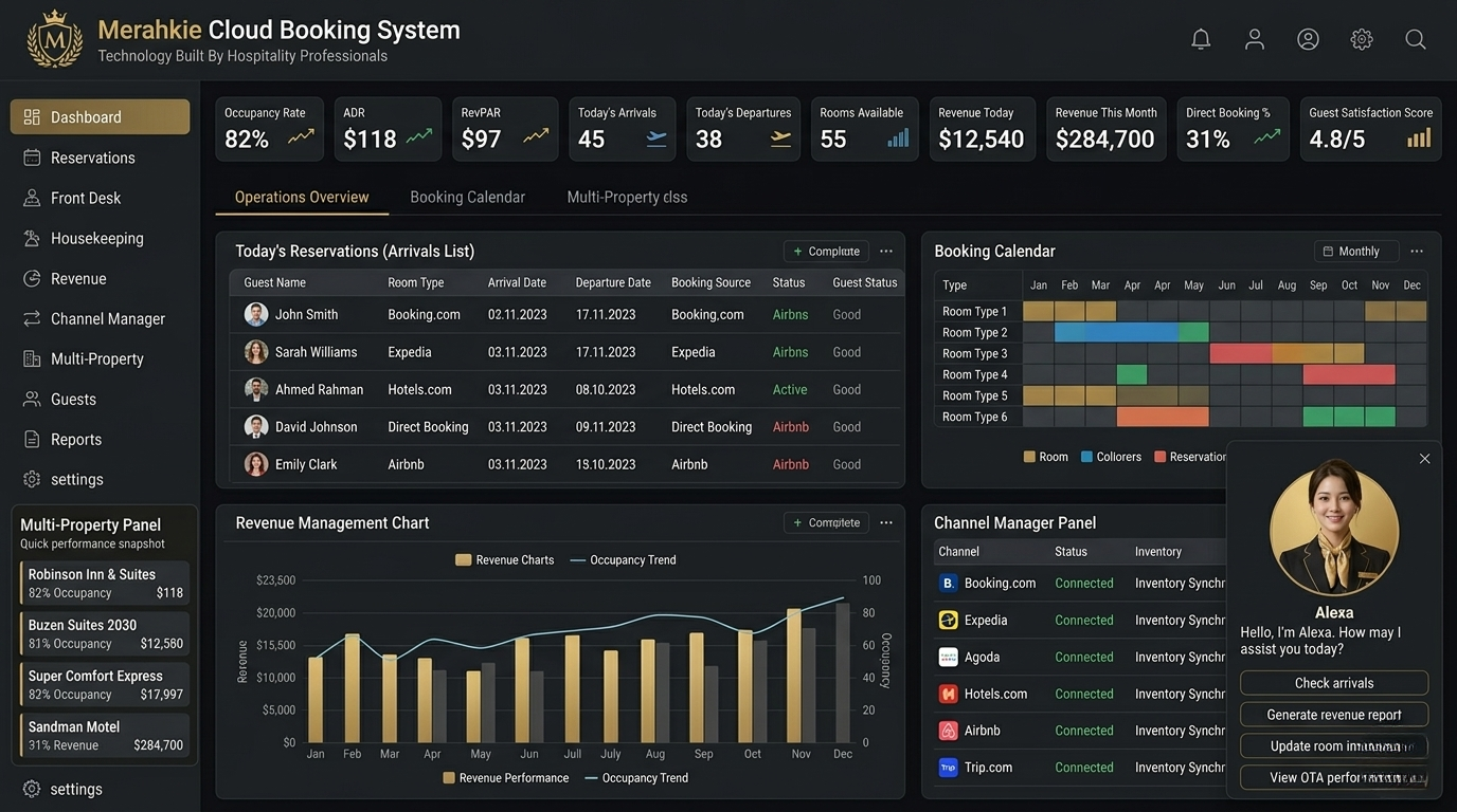 Merahkie Cloud Booking System dashboard enabling real-time reservations, inventory management, and direct hotel bookings.