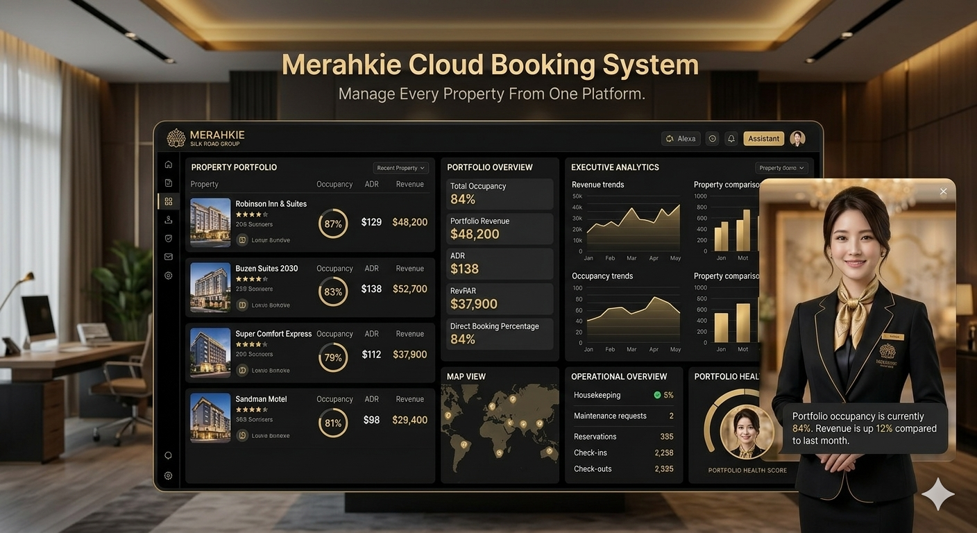 Multi-property management dashboard displaying centralized hotel operations, performance metrics, occupancy data, and portfolio analytics.